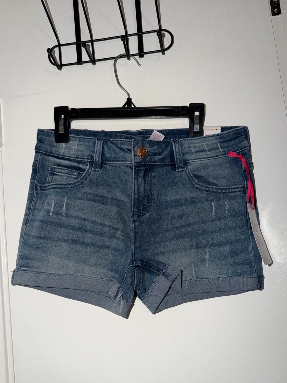 Judy Blue Girls Dark Wash Denim Roll-Cuff Shorts with Pink Accent